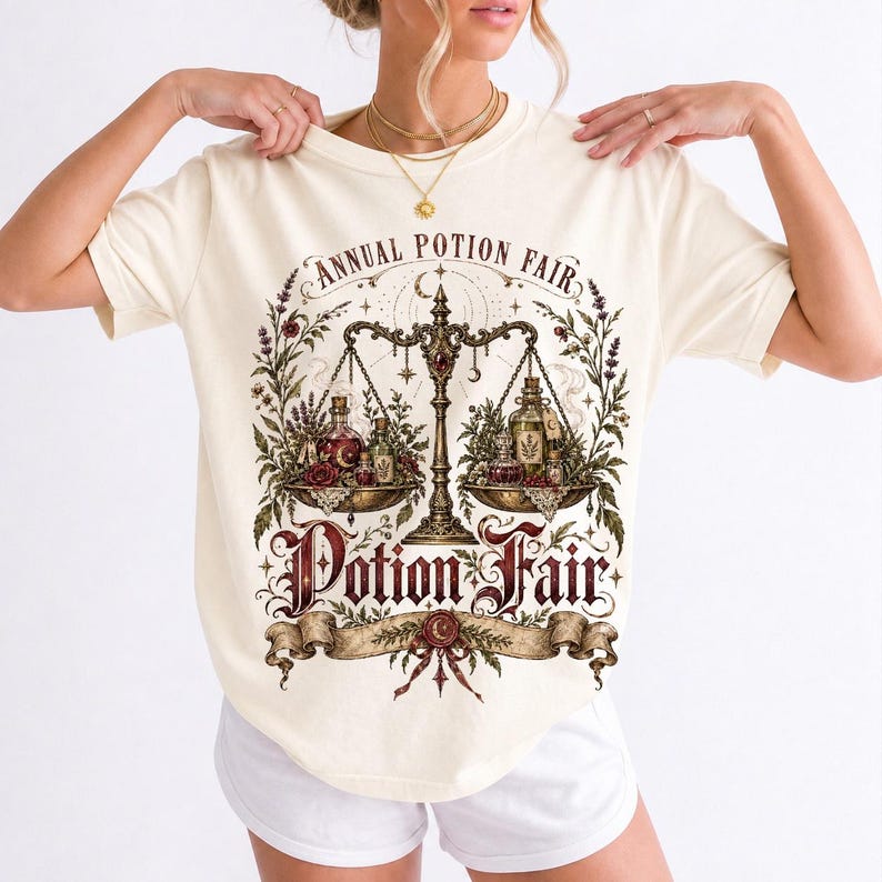 Vintage poster style apothecary scale with potion bottles and a ribbon banner reading Annual Potion Fair