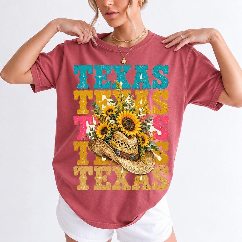 Straw cowboy hat full of sunflowers over a five-line stacked TEXAS word in retro western colors