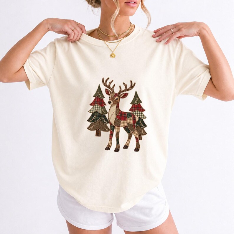 Comfort Colors Plaid Reindeer Christmas Shirt, Patchwork Reindeer Tee, Rustic Christmas Deer T-shirt, Farmhouse Reindeer Holiday Shirt
