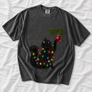 Comfort Colors Black Cat Christmas Shirt, Funny Cat Ornament Tee, Black Cat Christmas Lights T-shirt, Cat Mom Holiday Shirt