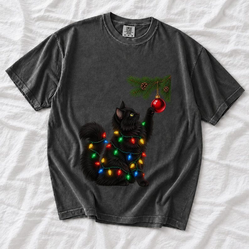 Comfort Colors Black Cat Christmas Shirt, Funny Cat Ornament Tee, Black Cat Christmas Lights T-shirt, Cat Mom Holiday Shirt