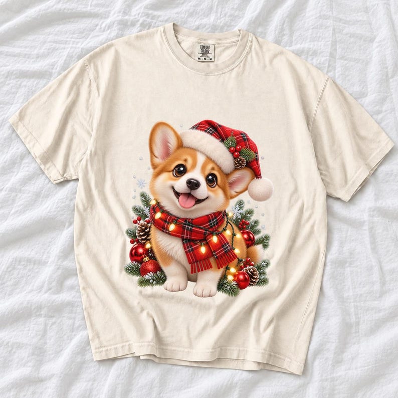 Comfort Colors Christmas Corgi Puppy Shirt, Cute Corgi Santa Hat Tee, Corgi Lover Christmas T-shirt, Corgi Mom Holiday Shirt