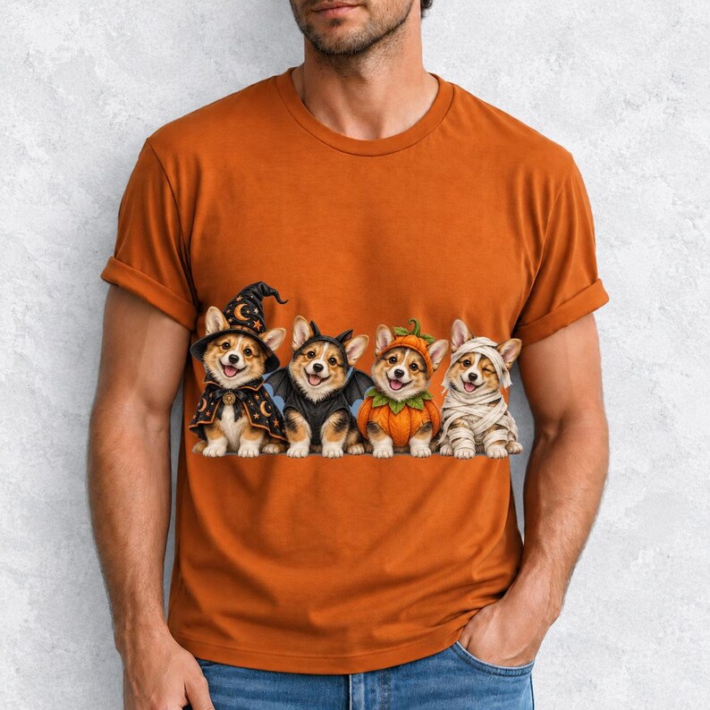 Realistic illustration of four corgi puppies in wizard, bat, pumpkin and mummy costumes in a row