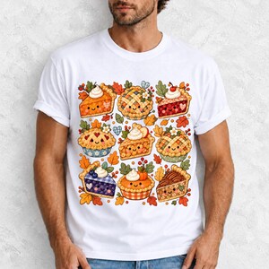 Grid of cute pie slices and mini pies with faces, lattice crusts and autumn leaves in patchwork sticker style
