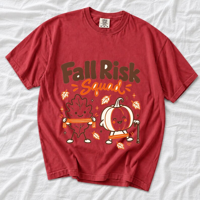 Kawaii leaf and pumpkin characters doing physical therapy with resistance bands and a cane, text Fall Risk Squad