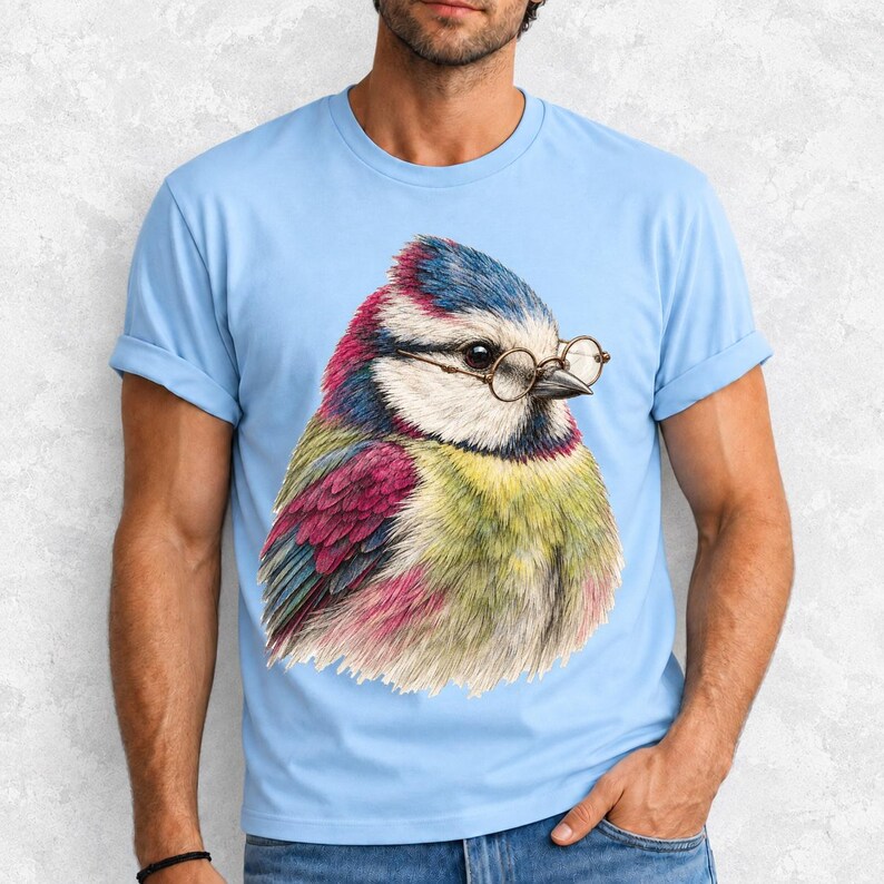Colored-pencil blue tit bird wearing tiny round reading glasses, funny birdwatcher t-shirt illustration