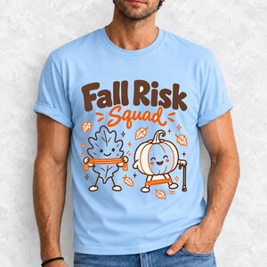 Kawaii leaf and pumpkin characters doing physical therapy with resistance bands and a cane, text Fall Risk Squad