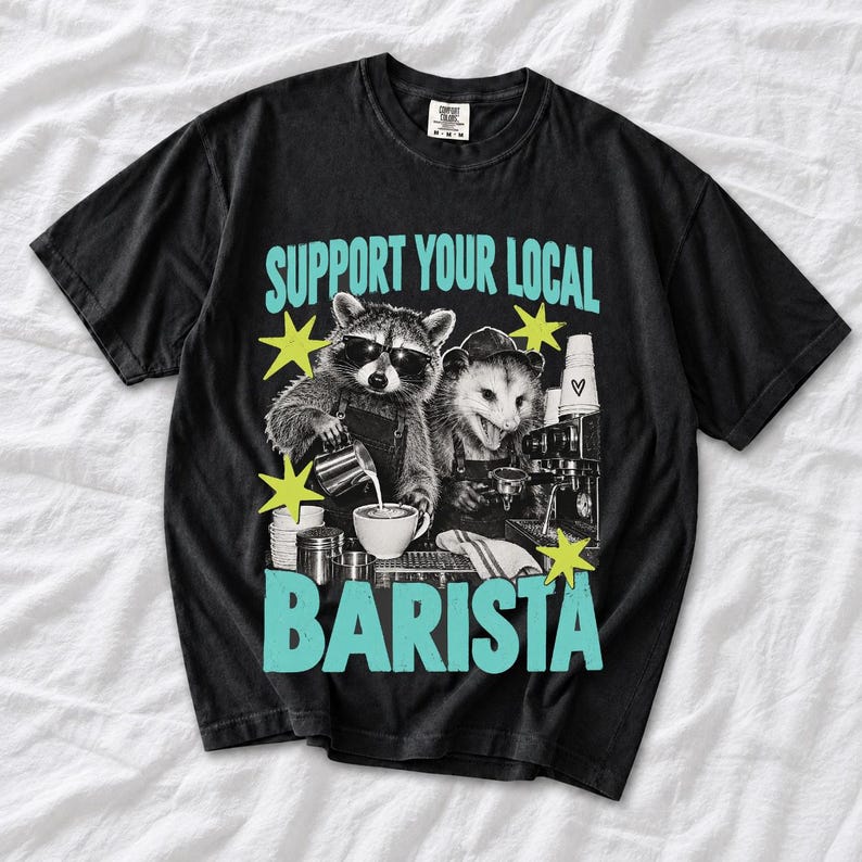 Raccoon and opossum behind an espresso machine, zine collage, text "Support Your Local Barista"