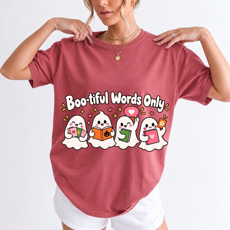 Four kawaii ghosts with flash cards, speech bubbles and books, text Boo-tiful Words Only
