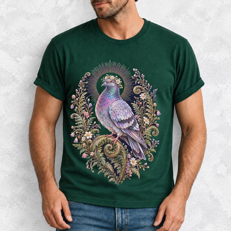 Painted pigeon wearing a daisy crown and glowing halo standing on a fern frond, whimsical cottagecore bird t-shirt art