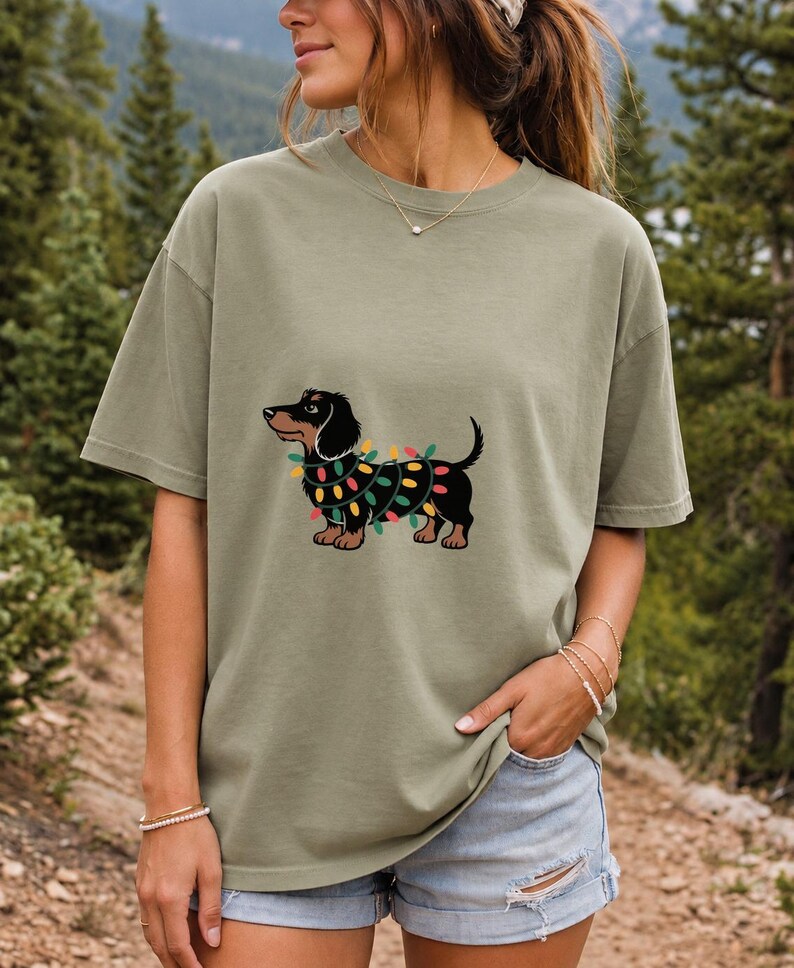 Comfort Colors Dachshund Christmas Lights Shirt, Funny Doxie Christmas Tee, Wiener Dog Christmas T-shirt, Dachshund Mom Holiday Shirt