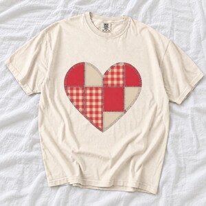 Comfort Colors Gingham Patchwork Heart Shirt, Red Heart Valentine Tee, Red Plaid Heart T-shirt, Valentines Day Heart Shirt Women