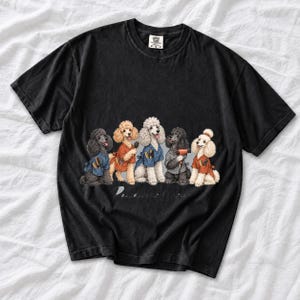 Illustrated poodles in salon smocks with brushes and a hair dryer, text Pawdicure Crew