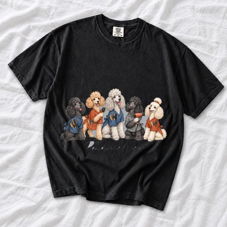 Illustrated poodles in salon smocks with brushes and a hair dryer, text Pawdicure Crew