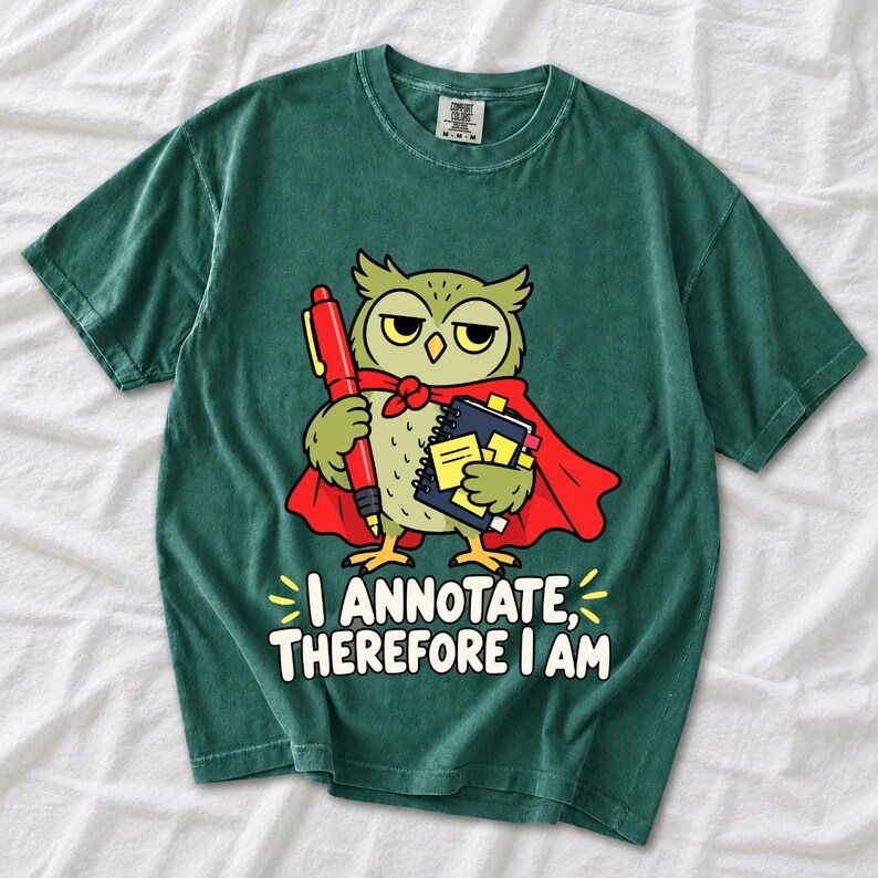 Cartoon owl in a cape holding a giant red pen and sticky notes with the text I Annotate, Therefore I Am