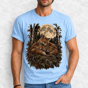 Fox family curled on a rock under a huge full moon among birch trees, dark realistic woodland illustration