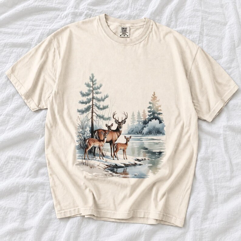 Comfort Colors Winter Deer Family Shirt, Watercolor Deer Tee, Snowy Lake Deer T-shirt, Nature Lover Winter Shirt, Deer Lover Gift Tee