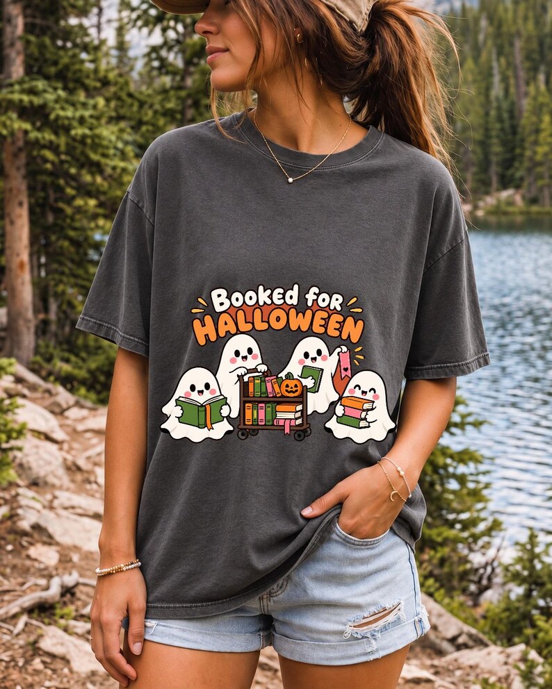 Four kawaii ghosts with books, a library cart and bookmarks, text Booked for Halloween