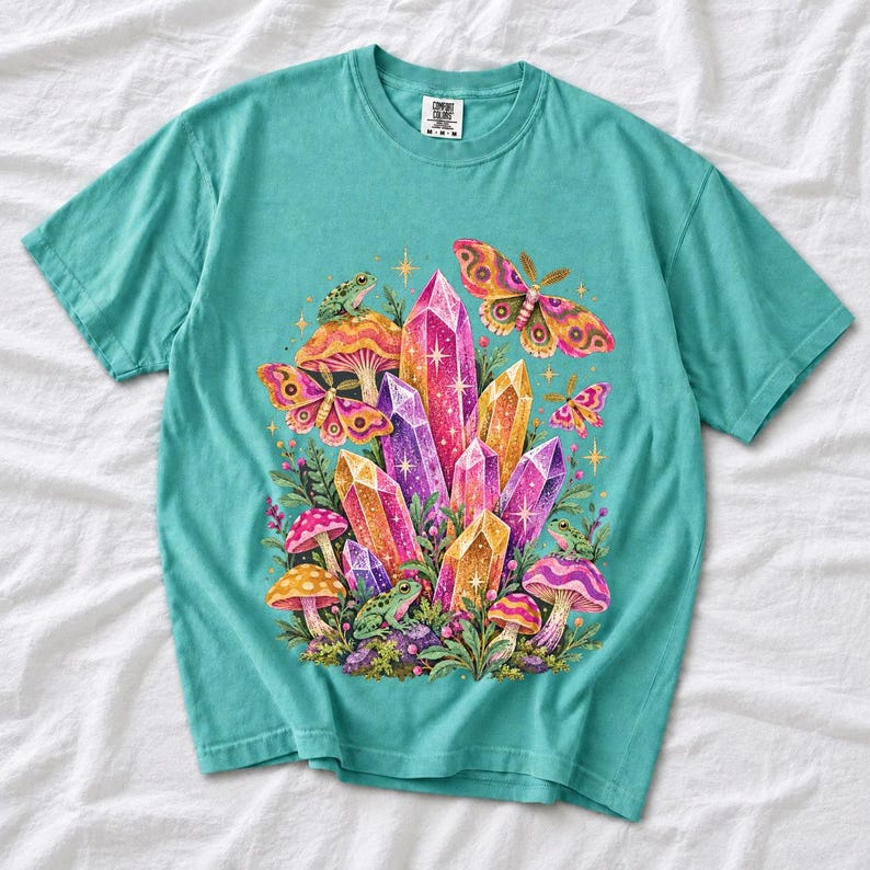 Retro 70s psychedelic glitter crystal cluster with moths and small frogs in pink, mustard, violet and mint