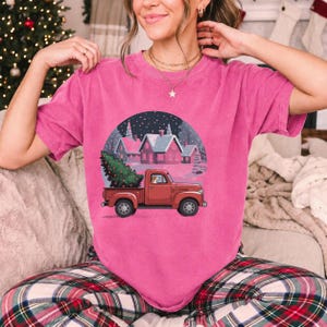 Comfort Colors Red Truck Christmas Tree Shirt, Retro Christmas Truck Tee, Snowy Village Red Truck T-shirt, Farmhouse Christmas Shirt