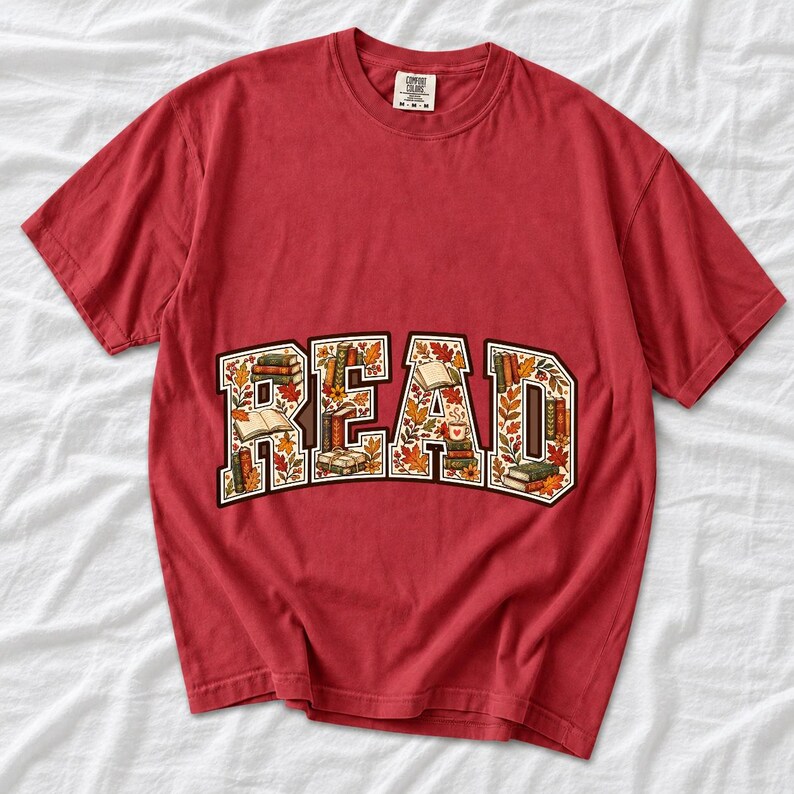 Arched varsity word READ filled with tiny books and autumn leaves in cream, rust and mustard