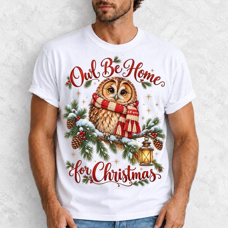 Сова в вязаном шарфе в снегу «Owl Be Home for Christmas»