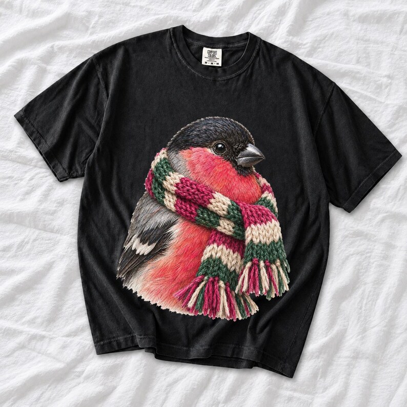 Colored-pencil bullfinch bird wrapped in a chunky striped knit scarf, cozy winter birdwatcher t-shirt art