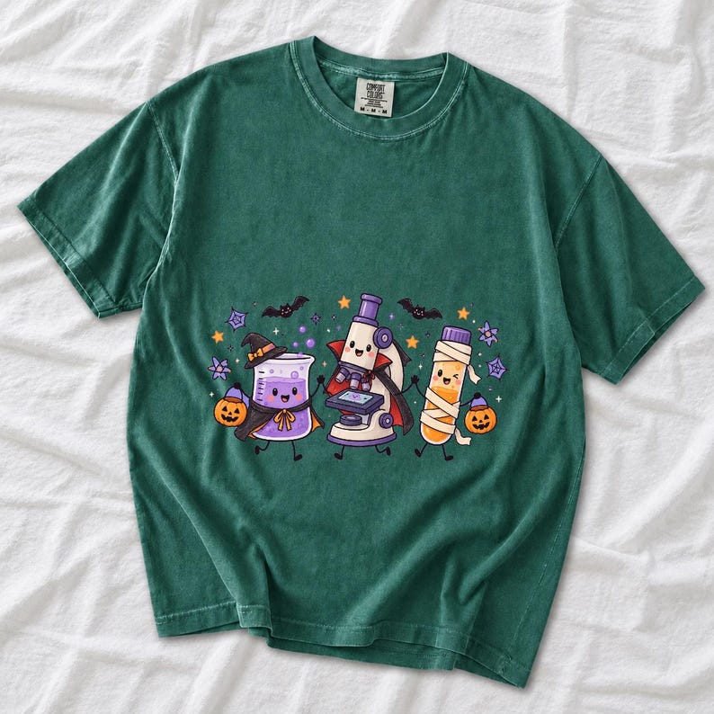 Kawaii beaker, microscope and test tube with faces in Halloween costumes, pastel purple and orange