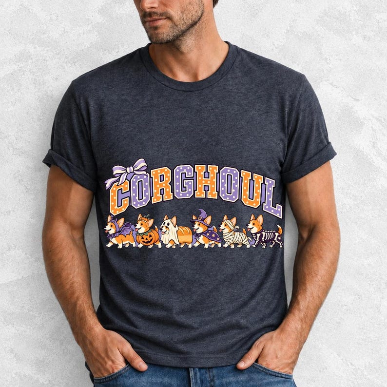 Six corgis in Halloween costumes walking under the arched word CORGHOUL, lavender and orange polka-dot varsity style