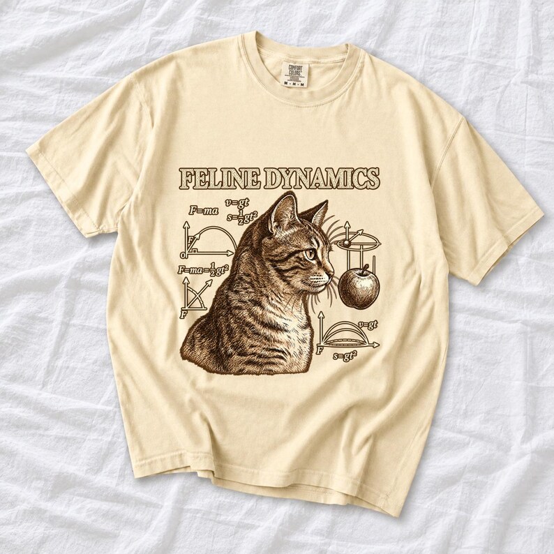 Comfort Colors Science Cat Shirt, Feline Dynamics Tee, Retro Physics Cat T-shirt, Physics Teacher Cat Tee, Engraved Tabby Cat Shirt
