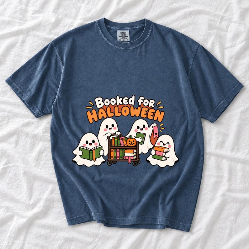 Four kawaii ghosts with books, a library cart and bookmarks, text Booked for Halloween
