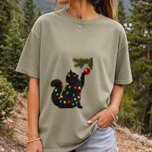 Comfort Colors Black Cat Christmas Shirt, Funny Cat Ornament Tee, Black Cat Christmas Lights T-shirt, Cat Mom Holiday Shirt