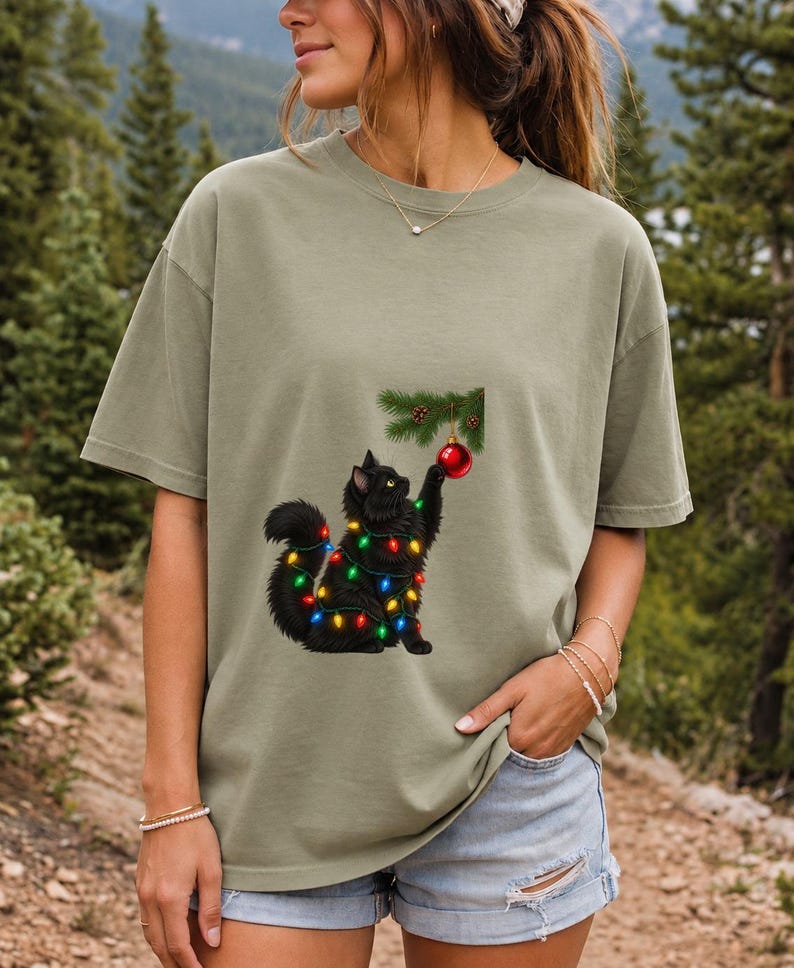 Comfort Colors Black Cat Christmas Shirt, Funny Cat Ornament Tee, Black Cat Christmas Lights T-shirt, Cat Mom Holiday Shirt