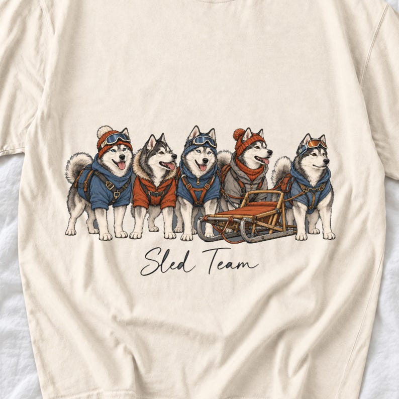 Illustrated huskies in ski gear lined up with a sled, text Sled Team