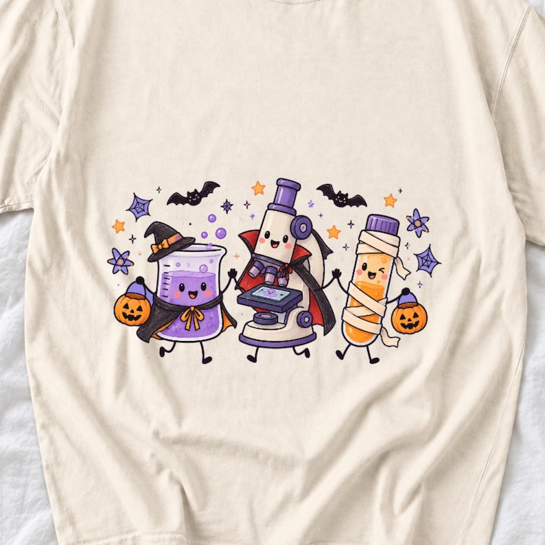 Kawaii beaker, microscope and test tube with faces in Halloween costumes, pastel purple and orange