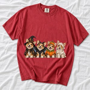 Realistic illustration of four corgi puppies in wizard, bat, pumpkin and mummy costumes in a row