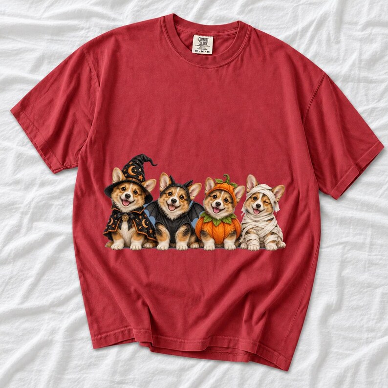 Realistic illustration of four corgi puppies in wizard, bat, pumpkin and mummy costumes in a row