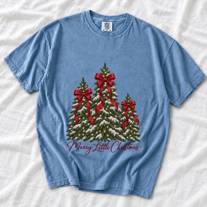 Comfort Colors Christmas Tree Bow Shirt, Coquette Christmas Tree Tee, Snowy Pine Tree T-shirt, Red Bow Christmas Shirt Women