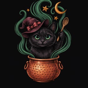 Black Cat Tote Bag, Witchy Cauldron Cat Tote, Witch Cat Canvas Bag, Black Cat Library Tote Bag image 1