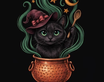 Black Cat Tote Bag, Witchy Cauldron Cat Tote, Witch Cat Canvas Bag, Black Cat Library Tote Bag