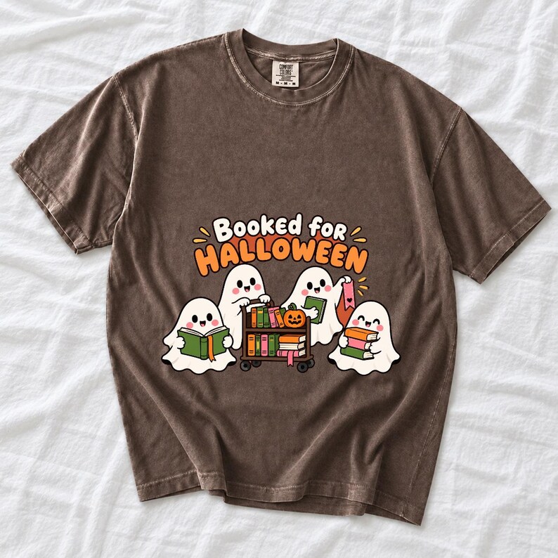 Four kawaii ghosts with books, a library cart and bookmarks, text Booked for Halloween