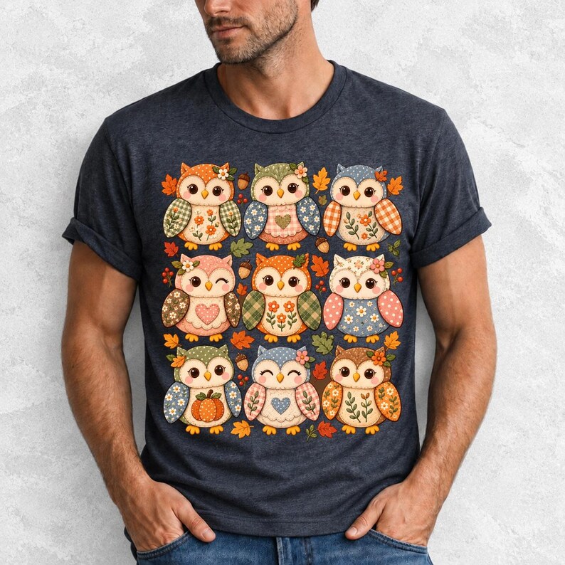 Grid of chubby owls with quilted patchwork wings, acorns and leaves in pumpkin, sage and dusty blue autumn colors