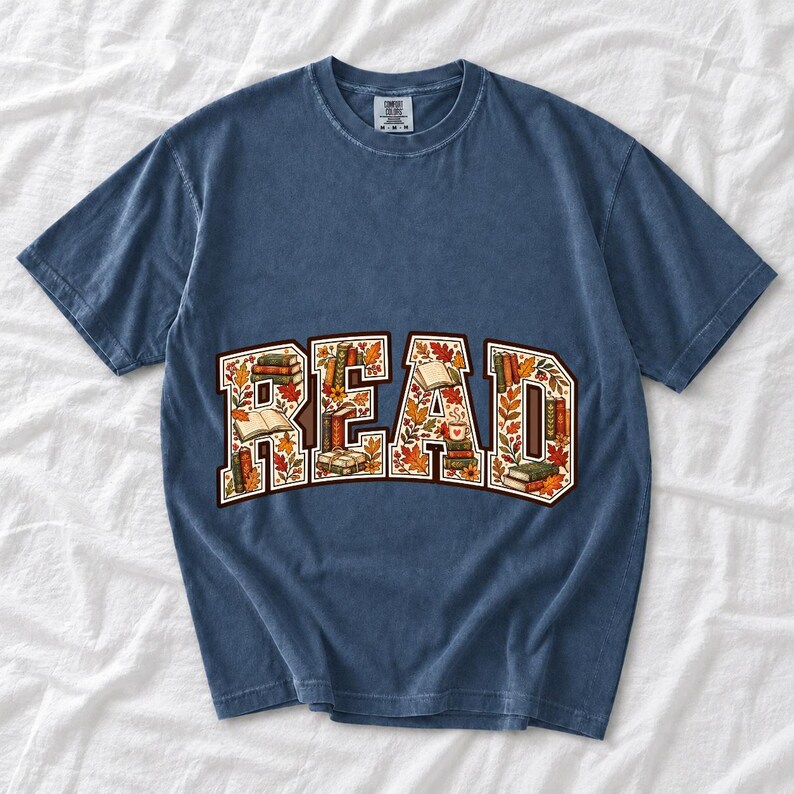 Arched varsity word READ filled with tiny books and autumn leaves in cream, rust and mustard