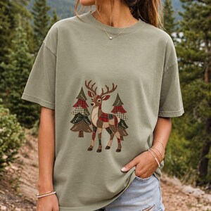 Comfort Colors Plaid Reindeer Christmas Shirt, Patchwork Reindeer Tee, Rustic Christmas Deer T-shirt, Farmhouse Reindeer Holiday Shirt