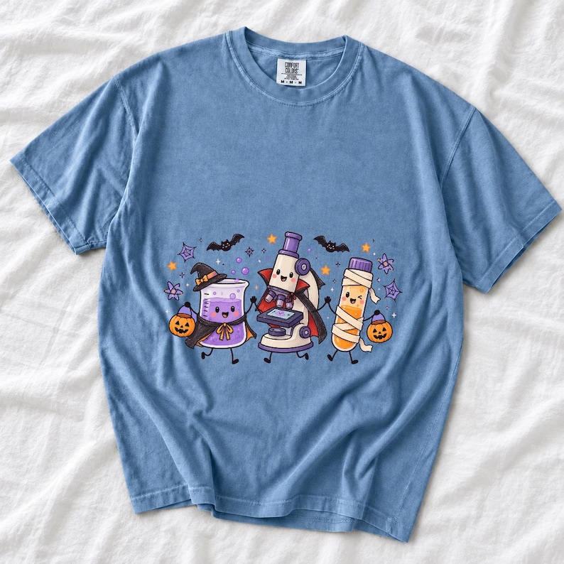 Kawaii beaker, microscope and test tube with faces in Halloween costumes, pastel purple and orange