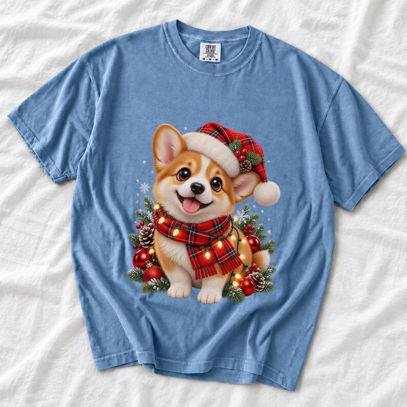 Comfort Colors Christmas Corgi Puppy Shirt, Cute Corgi Santa Hat Tee, Corgi Lover Christmas T-shirt, Corgi Mom Holiday Shirt