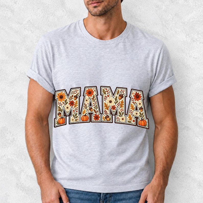 Arched varsity word MAMA filled with fall flowers and acorns in cream, rust and mustard