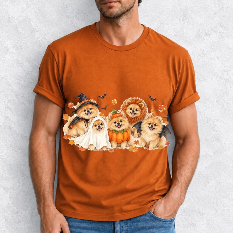 Five fluffy watercolor pomeranians in Halloween costumes with autumn leaves and bats