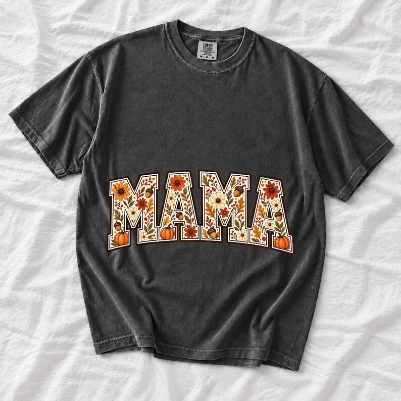 Arched varsity word MAMA filled with fall flowers and acorns in cream, rust and mustard