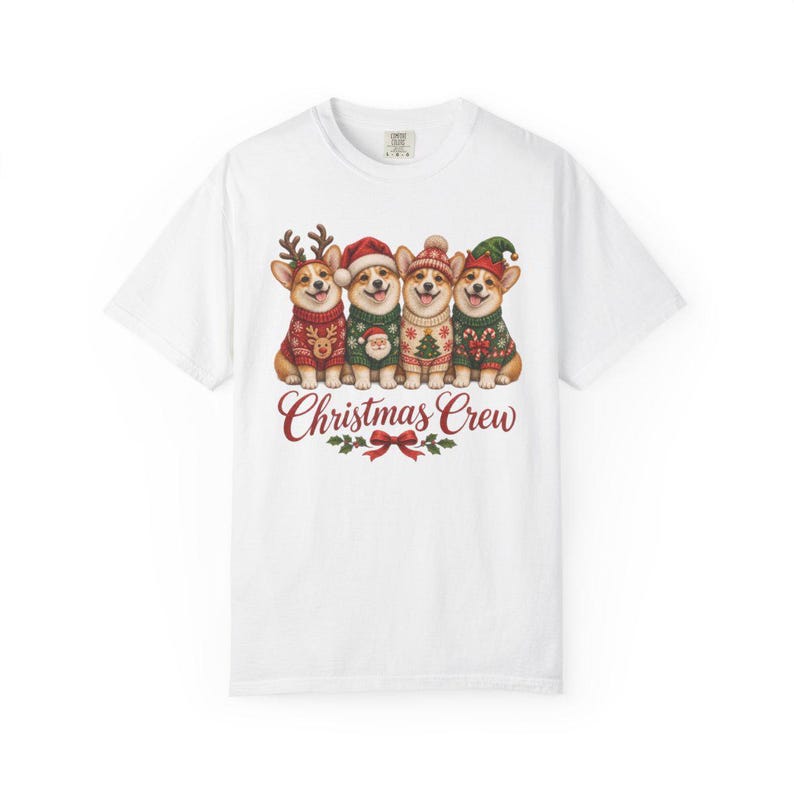 Comfort Colors Corgi Christmas Crew Shirt, Corgi Ugly Sweater Tee, Funny Corgi Christmas T-shirt, Corgi Mom Holiday Shirt — Printify product mockup